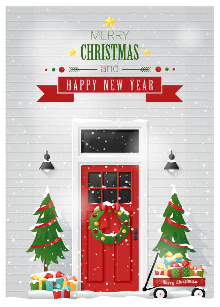 メリー クリスマスと新年あけましておめでとうございます背景装飾クリスマス玄関, ベクトル, イラスト - christmas gate wreath house点のイラスト素材／クリップアート素材／マンガ素材／アイコン素材