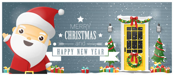 メリー クリスマスと幸せな新年の背景に飾られたクリスマスの玄関、サンタ クロース, ベクトル, イラスト - christmas gate wreath house点のイラスト素材／クリップアート素材／マンガ素材／アイコン素��材