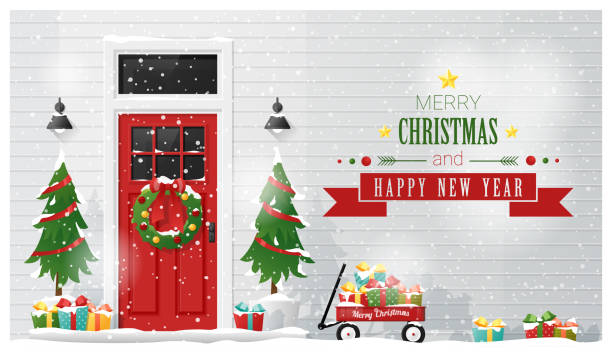 wesołych świąt i szczęśliwego nowego roku tło z zdobionymi drzwiami świątecznymi, wektorem, ilustracją - new year wall door decoration stock illustrations