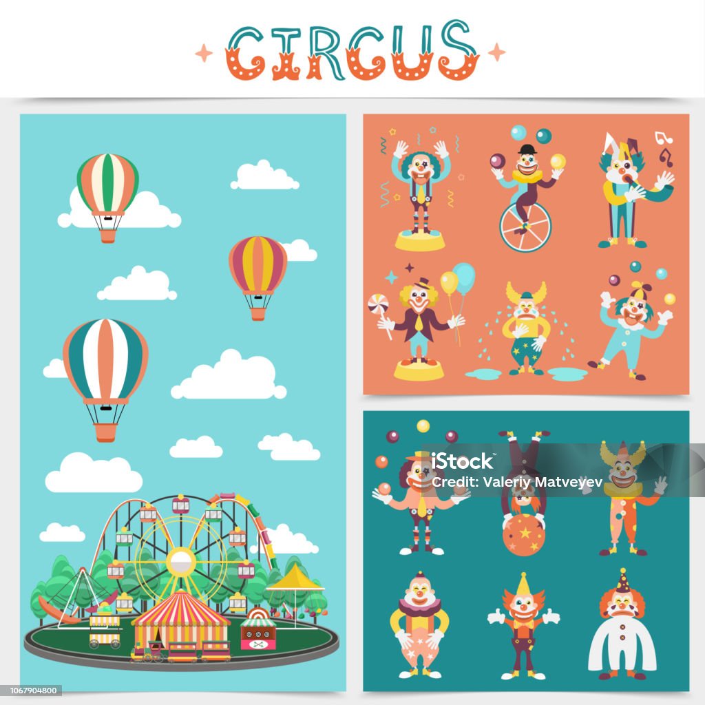 Плоский карнавал Элементы Концепция - Векторная графика Клоун роялти-фри Плоский карнавал Элементы Концепция - Векторная графика Клоун роялти-фри