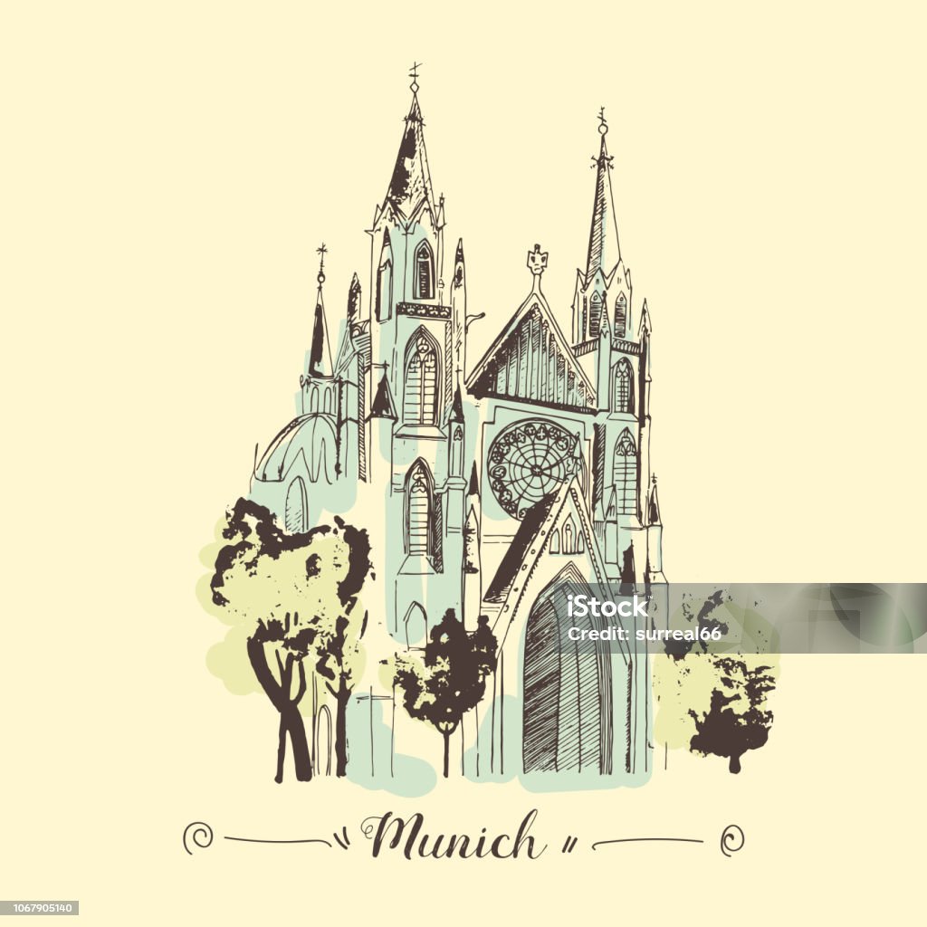 Sketch of St. Paul church in Munich hand drawn illustration. Gothic cathedral as a landmark of Munich. Drawing - Art Product stock vector