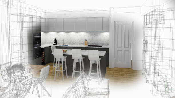 istock Bespoke Kitchen Design Drawing and Brushed In Photo Combination. 1067905338