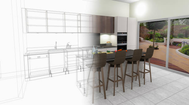 istock Bespoke Kitchen Design Drawing and Brushed In Photo Combination. 1067905370