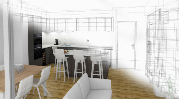 istock Bespoke Kitchen Design Drawing and Brushed In Photo Combination. 1067905510
