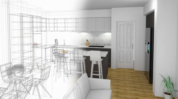 istock Bespoke Kitchen Design Drawing and Brushed In Photo Combination. 1067905542