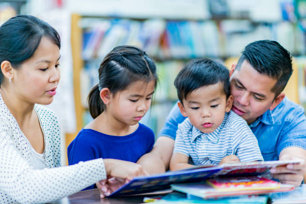 istock Family reading at the library. 1067907112