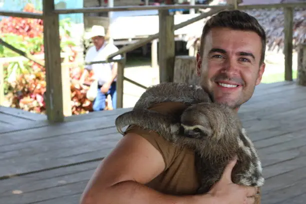 Photo of Sloth hugging a handsome man