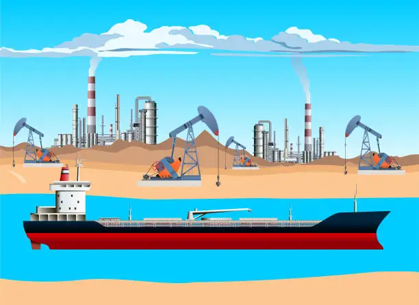 Vector illustration of Oil Tanker, Pump Jack, Drilling Rig and Refinery. Oil and Gas Production Facilities