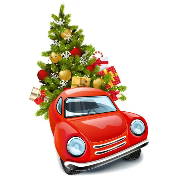 Vector illustration of Vector Red Car with Christmas Tree