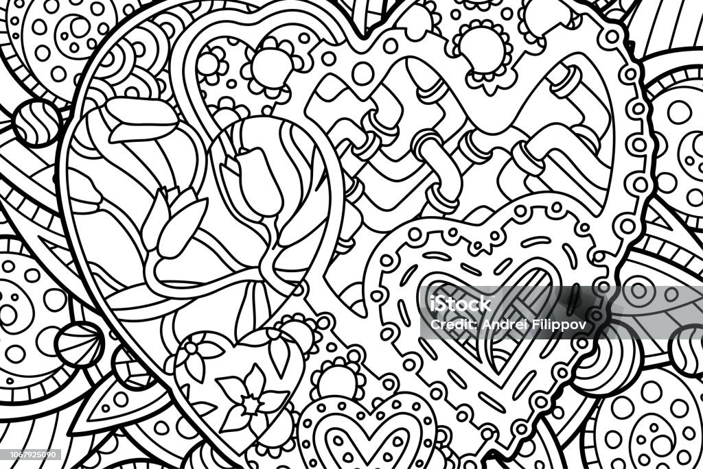 Nice coloring book page with decorative hearts Beautiful coloring book page with rectangular pattern with hearts Heart Shape stock vector