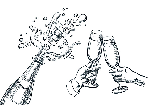 Explosion champagne bottle and two hands with drinking glasses. Sketch vector illustration. New Year, Christmas or Valentines Day holiday party celebration.