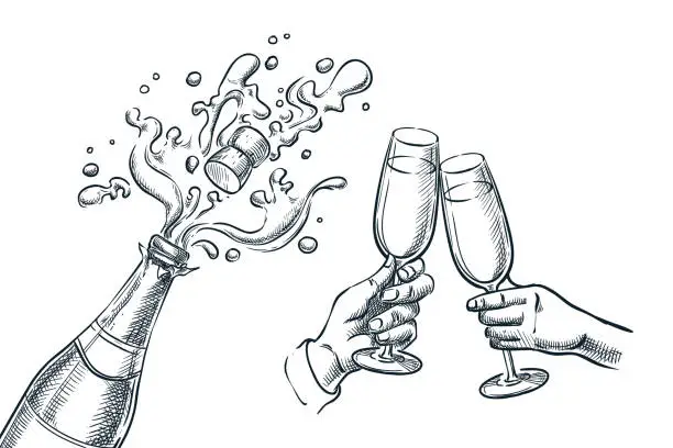 Vector illustration of Explosion champagne bottle and two hands with drinking glasses. Sketch vector illustration.