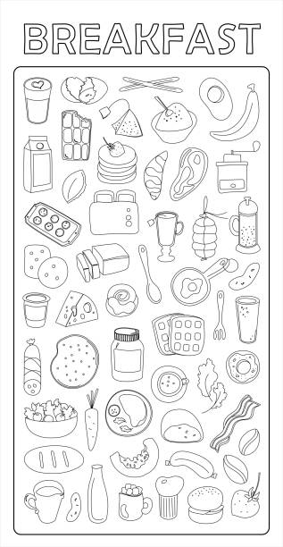 illustrations, cliparts, dessins animés et icônes de le petit déjeuner. vector sertie de gribouillis dessinés à la main sur le thème de la nourriture. - biscuit sausage sandwich breakfast