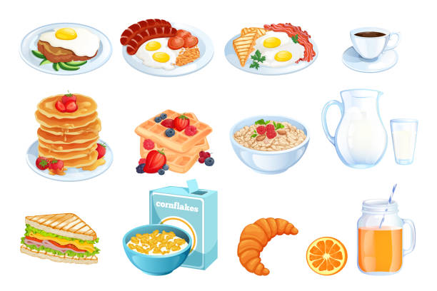 ilustrații de stoc cu gătitul micului dejun, ilustrație vectorială. set de feluri de mâncare izolate masa de dimineață. elemente de design ale meniului restaurantului sau cafenelei. - mic dejun