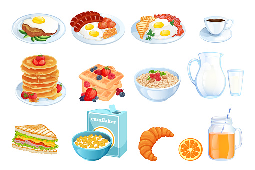 Cooking breakfast, vector cartoon illustration. Set of isolated morning meal dishes. Restaurant or cafe brunch menu design elements.