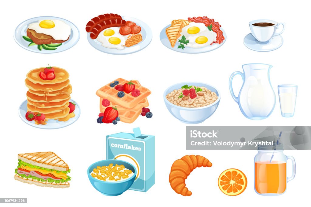 Cooking breakfast, vector illustration. Set of isolated morning meal dishes. Restaurant or cafe menu design elements. Cooking breakfast, vector cartoon illustration. Set of isolated morning meal dishes. Restaurant or cafe brunch menu design elements. Breakfast stock vector