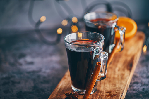 Mulled Wine with Orange, Cinnamon, Star Anise and Spices for Christmas