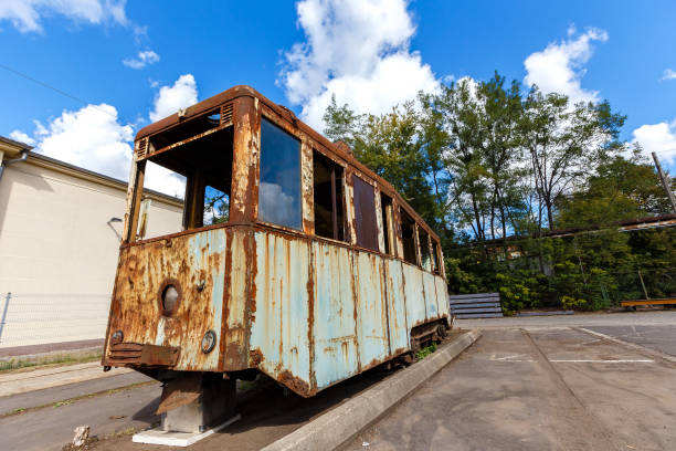 istock Cabin of old rusty destroyed tram outdoors 1067940478