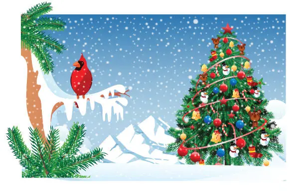 Vector illustration of Christmas Tree and cardinal bird