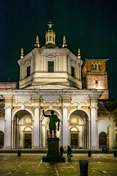 MILAN, ITALY, JANUARY - 2018 - Night scene san lorenzo basilica exterior front view shot.