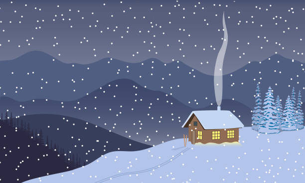 winterabend, dämmerung oder bei nacht mit beleuchteten haus, ferne berge, himmel, schnee, - fern forest tree area vector stock-grafiken, -clipart, -cartoons und -symbole