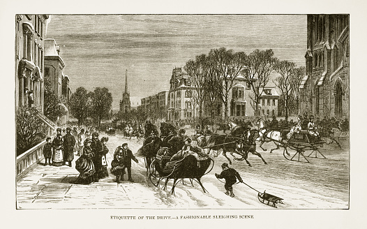 Very Rare, Beautifully Illustrated Antique Engraving of Etiquette of the Drive - A Fashionable Sleighing Scene Victorian Engraving, 1879. Source: Original edition from my own archives. Copyright has expired on this artwork. Digitally restored.
