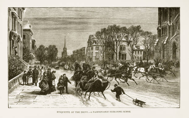 Etiquette of the Drive - A Fashionable Sleighing Scene Victorian Engraving, 1879 Very Rare, Beautifully Illustrated Antique Engraving of Etiquette of the Drive - A Fashionable Sleighing Scene Victorian Engraving, 1879. Source: Original edition from my own archives. Copyright has expired on this artwork. Digitally restored. philadelphia winter stock illustrations