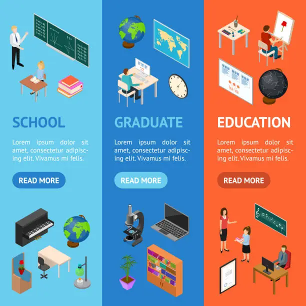 Vector illustration of School Education Banner Vecrtical Set Concept 3d Isometric View. Vector