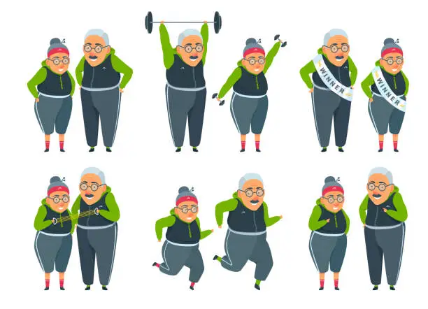 Vector illustration of Active elderly couple doing sports, fitness, weight lifting, running, stretch, exercising, winning, pointing a finger.