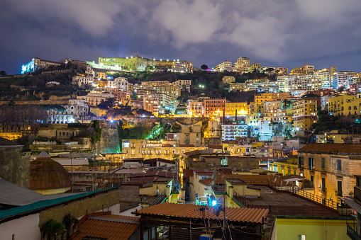 Panoramic view of Vomero district in Naples, Italy at night