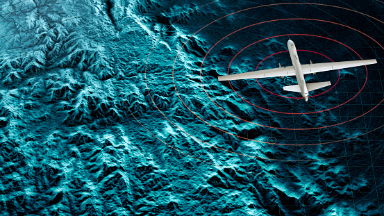 Satellite view of a military drone flying over a war zone, war operations, night vision. Military target. Undercover operation. Mountain reliefs and plains, 3d rendering