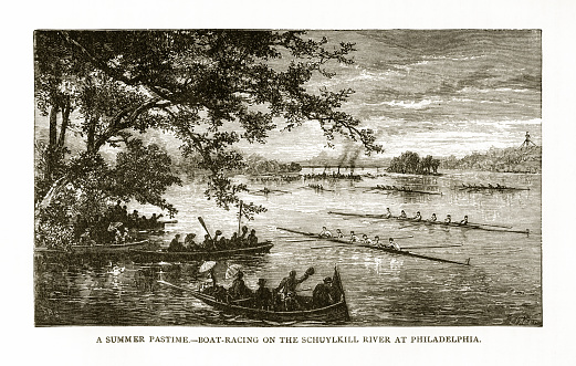 Very Rare, Beautifully Illustrated Antique Engraving of Summer Pastime – Boat Racing on the Schuylkill river at Philadelphia Victorian Engraving, 1879. Source: Original edition from my own archives. Copyright has expired on this artwork. Digitally restored.
