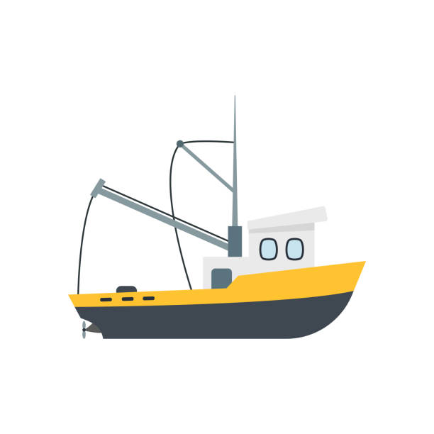 cartoon kommerzielle fischerei schiff isoliert auf einem weißen hintergrund. vektor - trawler stock-grafiken, -clipart, -cartoons und -symbole