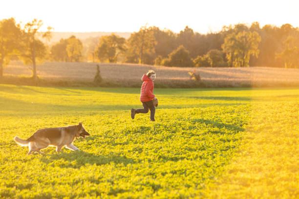 istock A boy running on a farm field with his German Shepherd. 1067979492
