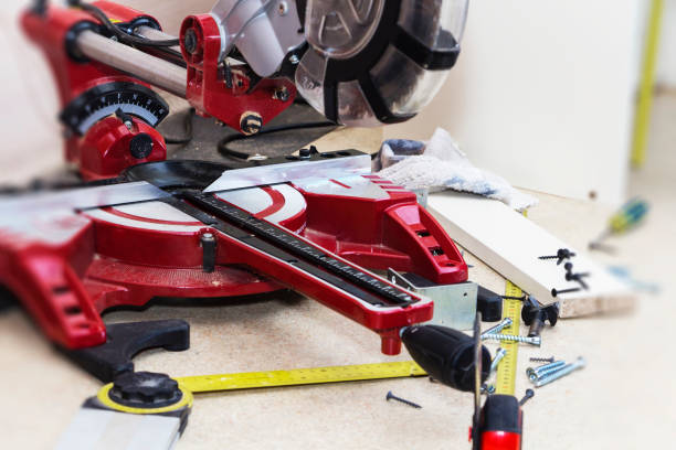 istock Carpenter workplace. Carpenter tools on wooden table with sawdust 1067989114