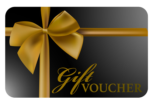 shiny black gift voucher card with gold colored ribbon vector illustration