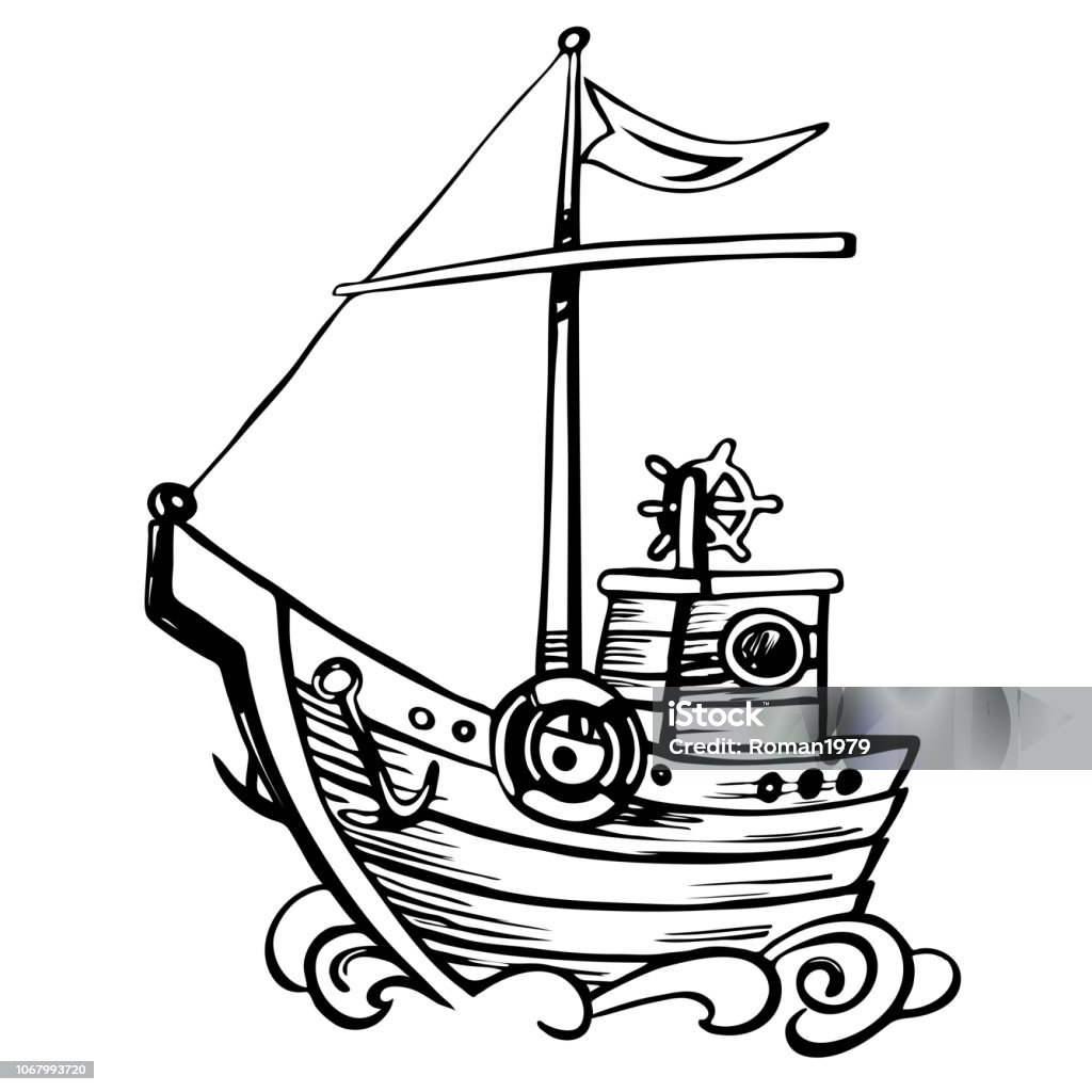 Vintage stylize sketch sailing boat wooden Vintage nautical ship, vintage sailing boat. Hand-drawn sketch. Etching stock vector