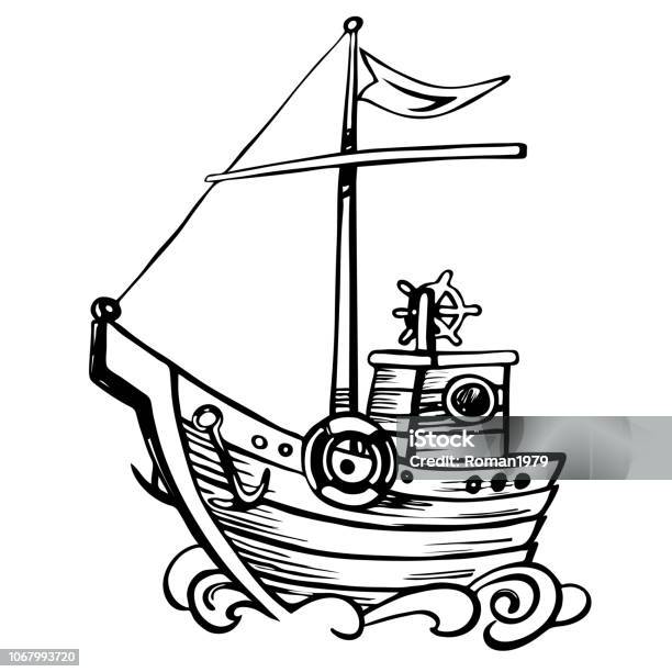 Vintage Stylize Sketch Sailing Boat Wooden Stock Illustration - Download Image Now - Etching, Nautical Vessel, Vector