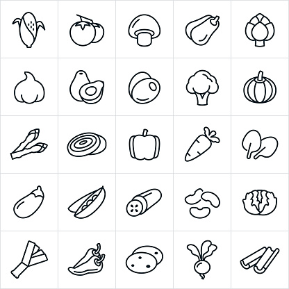 An set of vegetable icons. The icons include corn on the cob, tomatoes, mushroom, squash, artichoke, garlic, avocado, olives, broccoli, pumpkin, asparagus, onions, bell pepper, jalapeño pepper, pepper, carrot, spinach, eggplant, peas, cucumber, beans, lettuce, potatoes, leeks, gourd, radish and celery.