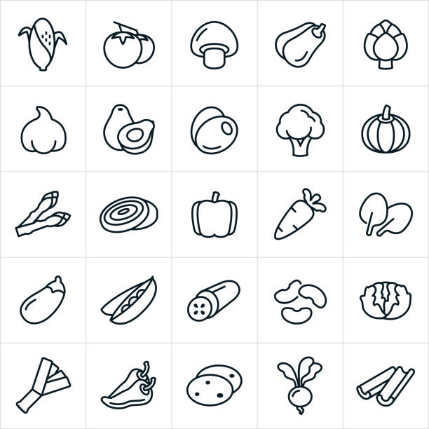 Vegetables Icons An set of vegetable icons. The icons include corn on the cob, tomatoes, mushroom, squash, artichoke, garlic, avocado, olives, broccoli, pumpkin, asparagus, onions, bell pepper, jalapeño pepper, pepper, carrot, spinach, eggplant, peas, cucumber, beans, lettuce, potatoes, leeks, gourd, radish and celery. carrot symbol food broccoli stock illustrations