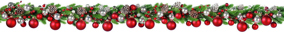 Frontera de Navidad - rojo y plata bola colgante en guirnalda de abeto photo