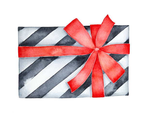 ilustrações de stock, clip art, desenhos animados e ícones de decorative black and white striped gift box decorated with red satin ribbon bow. one single object, top view. - gift box packaging drawing illustration and painting
