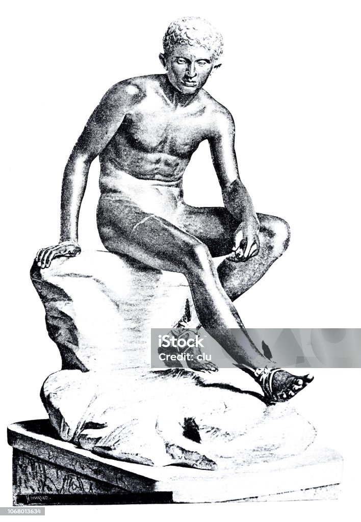 Hermes statue, relaxing: Greek god of transport, travellers, merchants and shepherds, as well as the god of thieves, art dealers, rhetoric, gymnastics and thus also of the palaestra and magic Illustration from 19th century 19th Century stock illustration