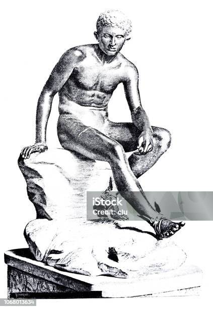 Hermes Statue Relaxing Greek God Of Transport Travellers Merchants And Shepherds As Well As The God Of Thieves Art Dealers Rhetoric Gymnastics And Thus Also Of The Palaestra And Magic Stock Illustration - Download Image Now