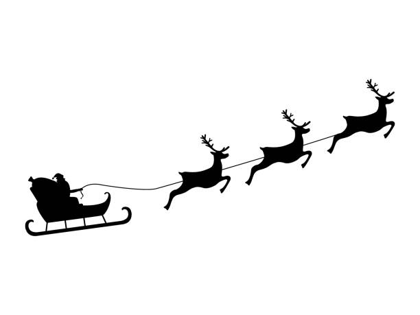 santa claus reitet in einem schlitten im kabelbaum auf das rentier - schlitten tierantrieb stock-grafiken, -clipart, -cartoons und -symbole