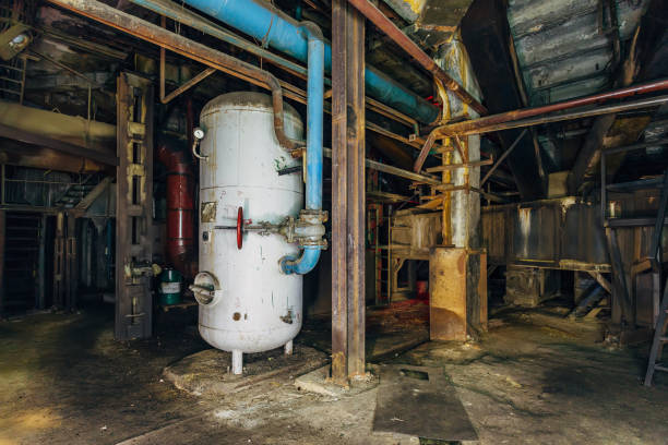 industrial rusty pipeline and vats in underground cellar of abandoned factory - rusty storage tank nobody photography imagens e fotografias de stock