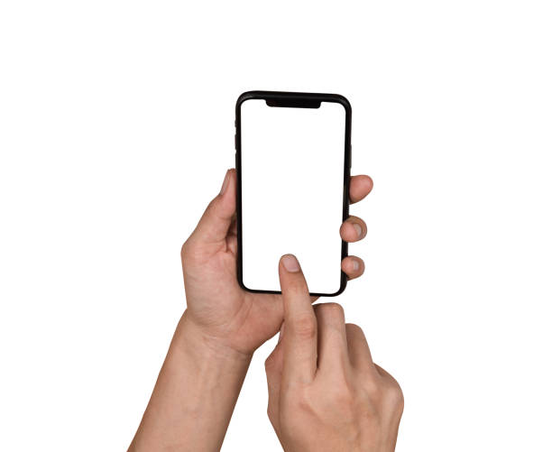 istock hand holding phone mobile and touching screen isolated on white background 1068042492