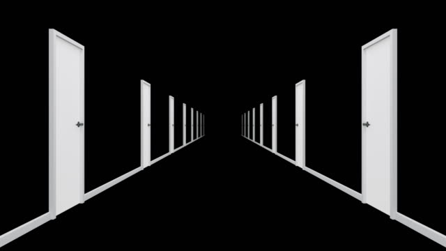 Black corridor with white door.