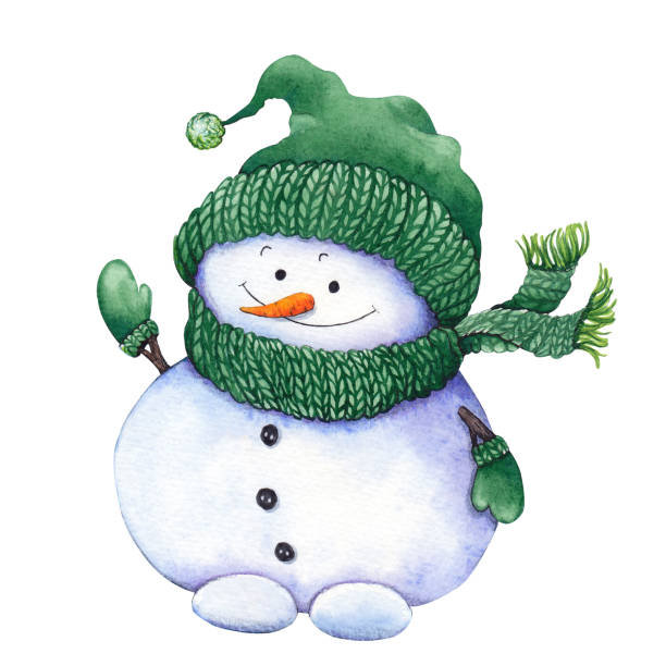 グリーンを着て赤ちゃん雪だるまニット帽子、マフラー、ミトンの白い背景の上。 - scarf hat green glove点のイラスト素材／クリップアート素材／マンガ素材／アイコン素材