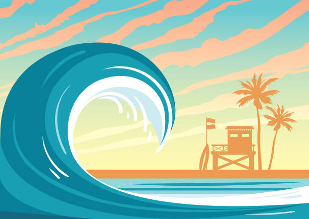 ilustraciones, imágenes clip art, dibujos animados e iconos de stock de ola, mar, estación de salvavidas - surfing beach surf wave